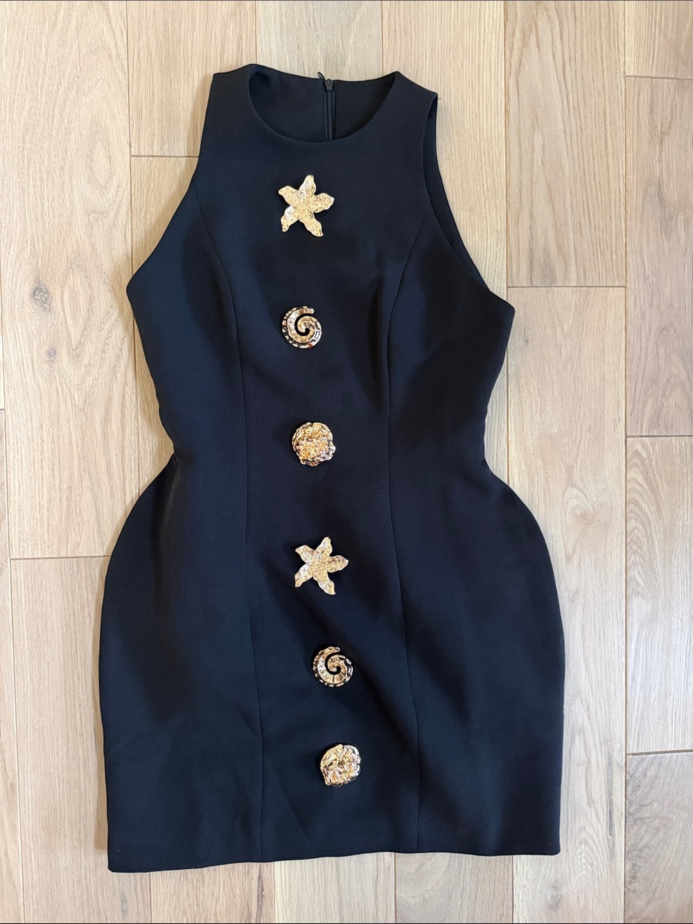 Commense Black Sleeveless Mini Dress with Gold Embellishments